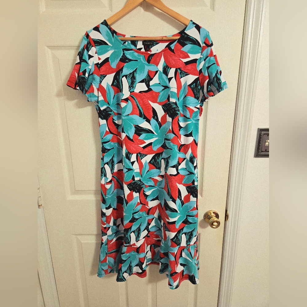 Talbots Red and Teal Leaf Print Midi Shift Dress Size Large